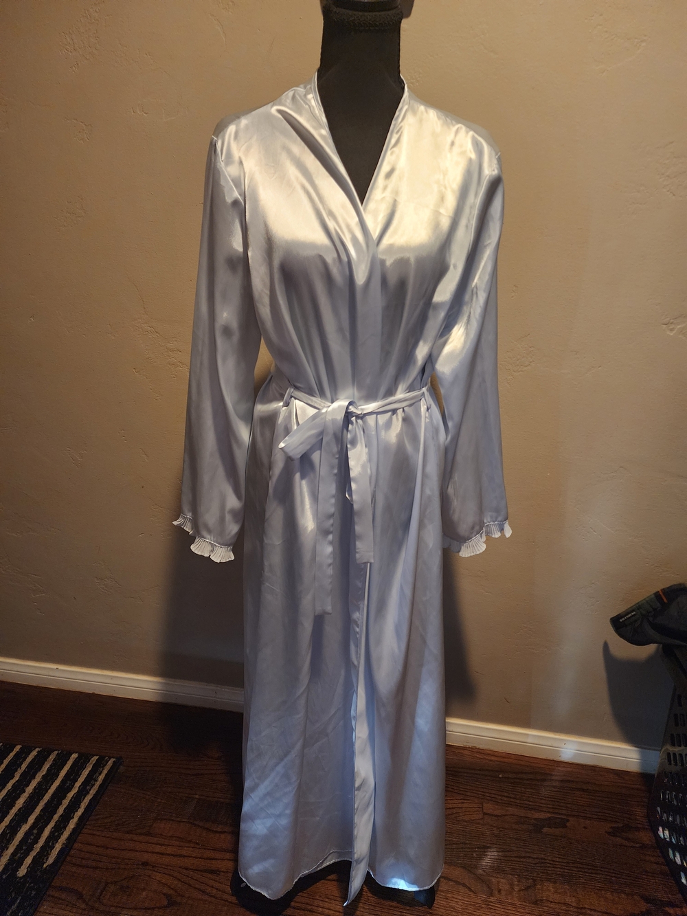 delicates Silver Satin Long Wrap Robe with Tie Belt